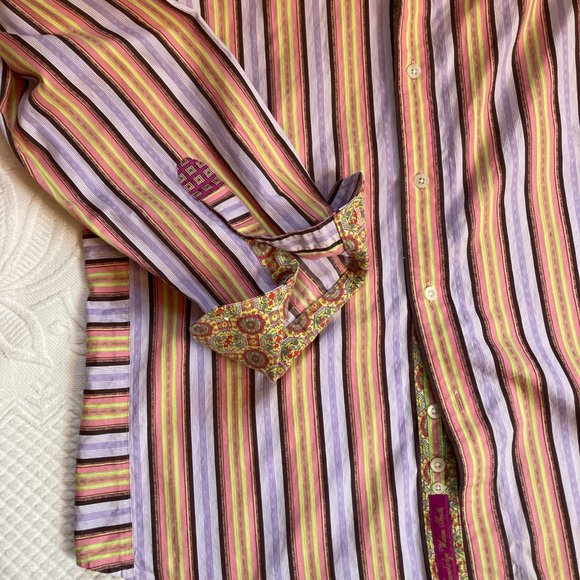 Robert Graham Mens Sz XL Striped Long Sleeve Shirt Contrast Cuffs Multicolor - Picture 3 of 15